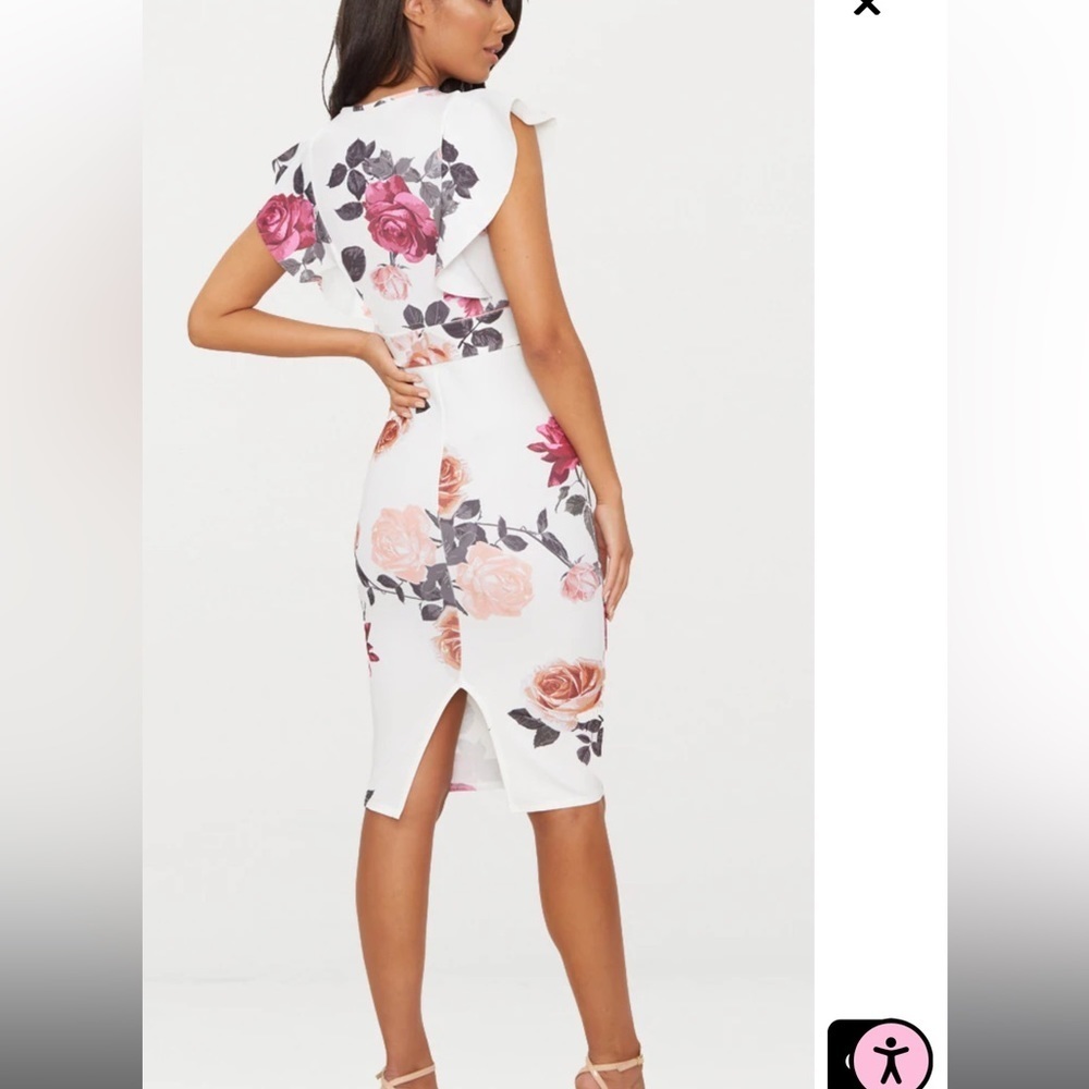 Prettylittlething White Floral Print Frill Detail Midi Dress - Picture 4 of 11